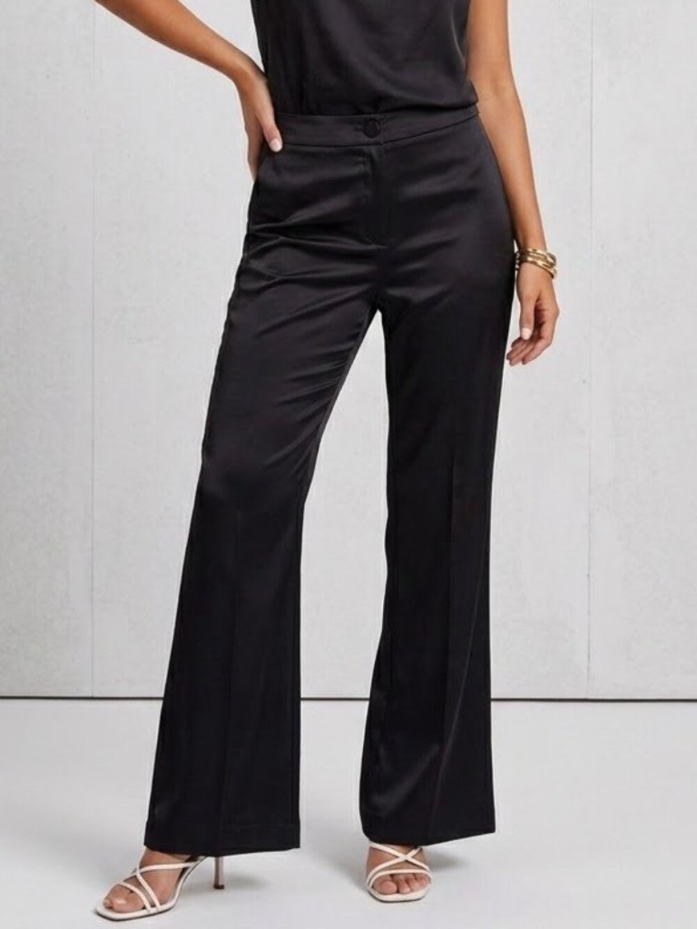 NEW ZARA WOMAN Black SATIN Flare Leg Trousers Dress Pants MEDIUM High Rise
